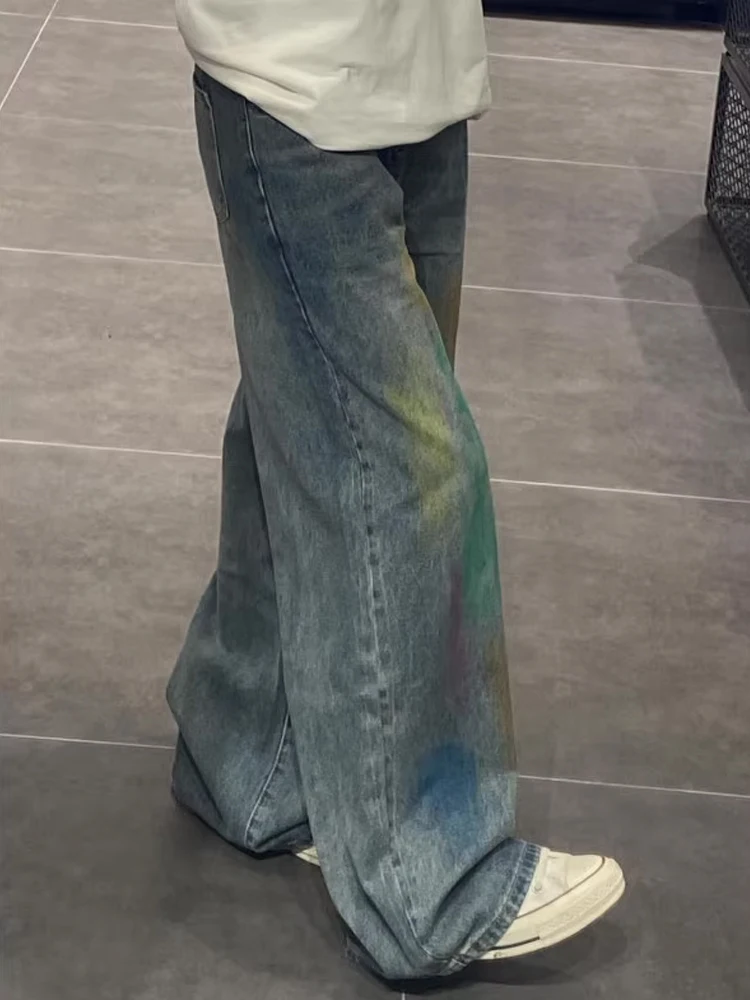 

Мужские джинсы с высокой талией в стиле ретро, летние уличные джинсы Rainbow fiti, прямые леггинсы длиной до пола, износостойкий хлопок, полиэстер...