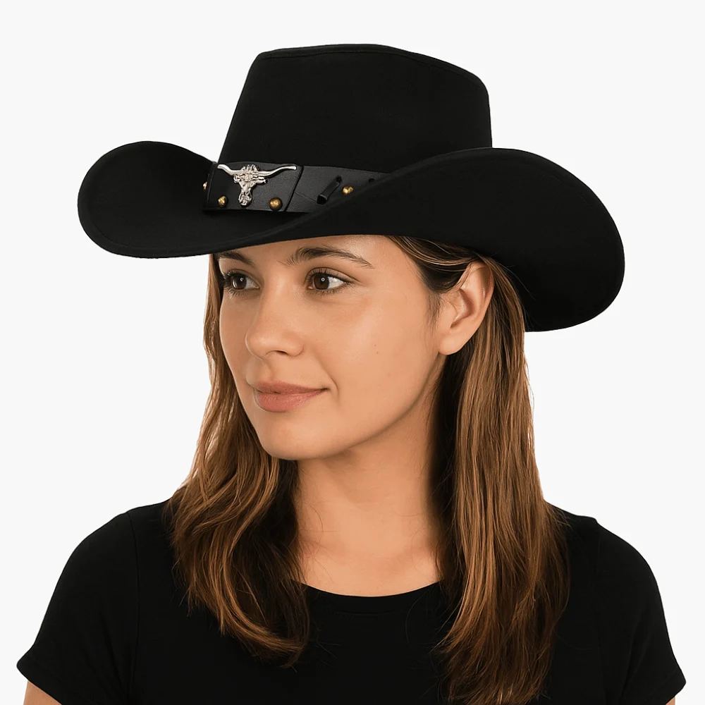 

Cool Ethnic Style Western Cowboy Hat Cow Head Wide Brim Cowgirl Jazz Hat Polyester Roll Brim Knight Hat Outdoor