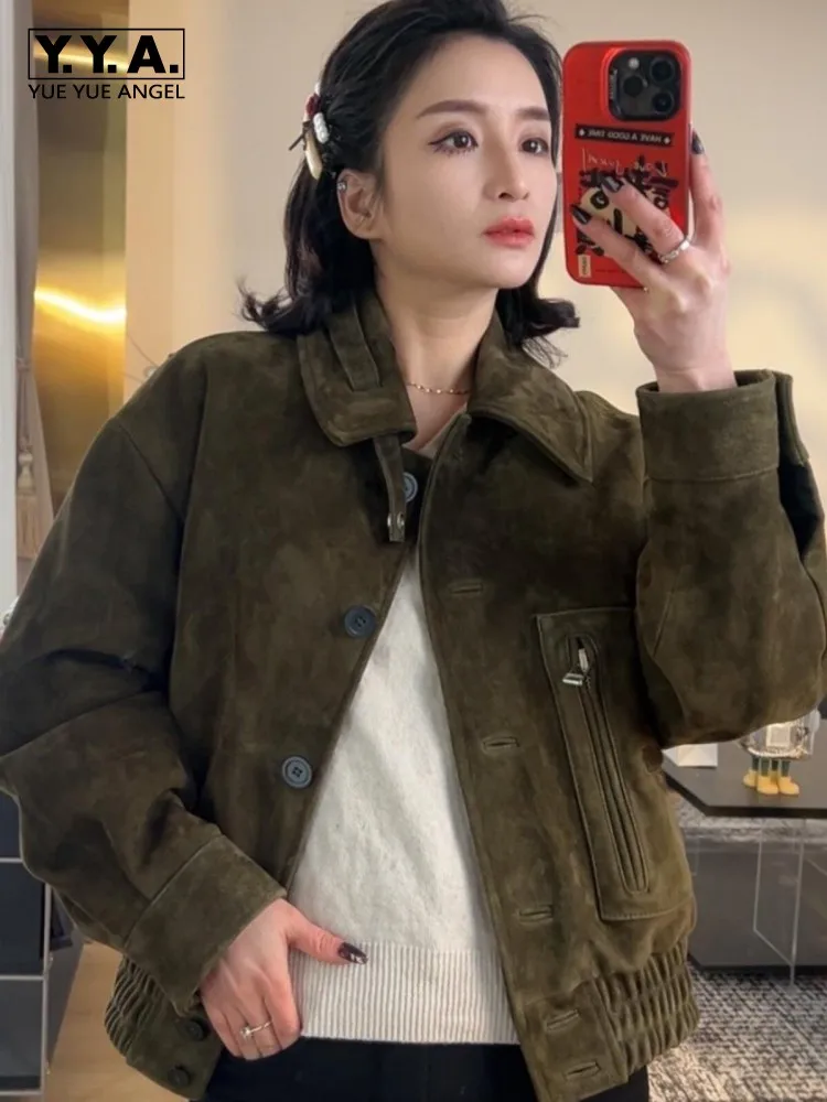Luxury Retro Women Sheep Suede Jacket Work Ladies Lapel Collar Real Leather Motorcycle Jackets Single Breasted Leisure Outerwear