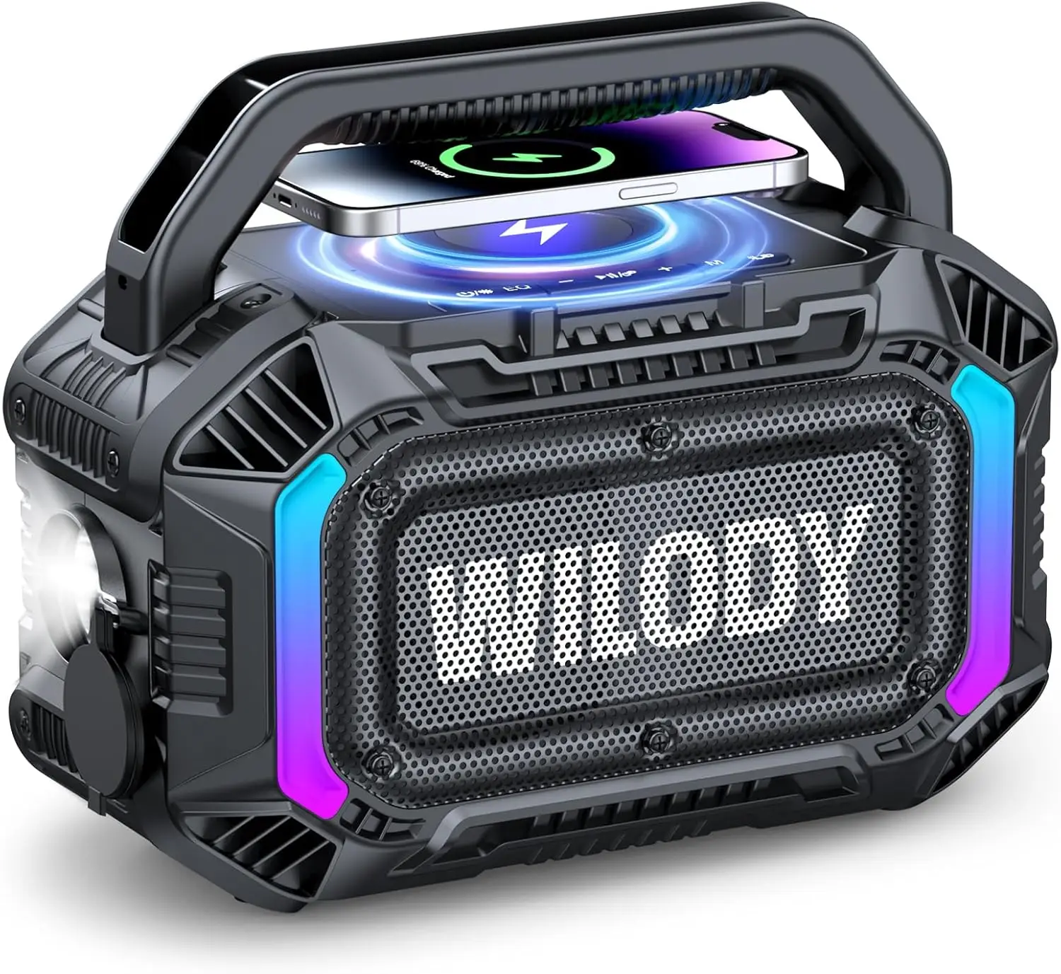 

100W Bluetooth Outdoor Speaker with Bass, IPX7 Waterproof, 20H Playtime, Wireless Charge, TWS, RGB Light for Work and Garage