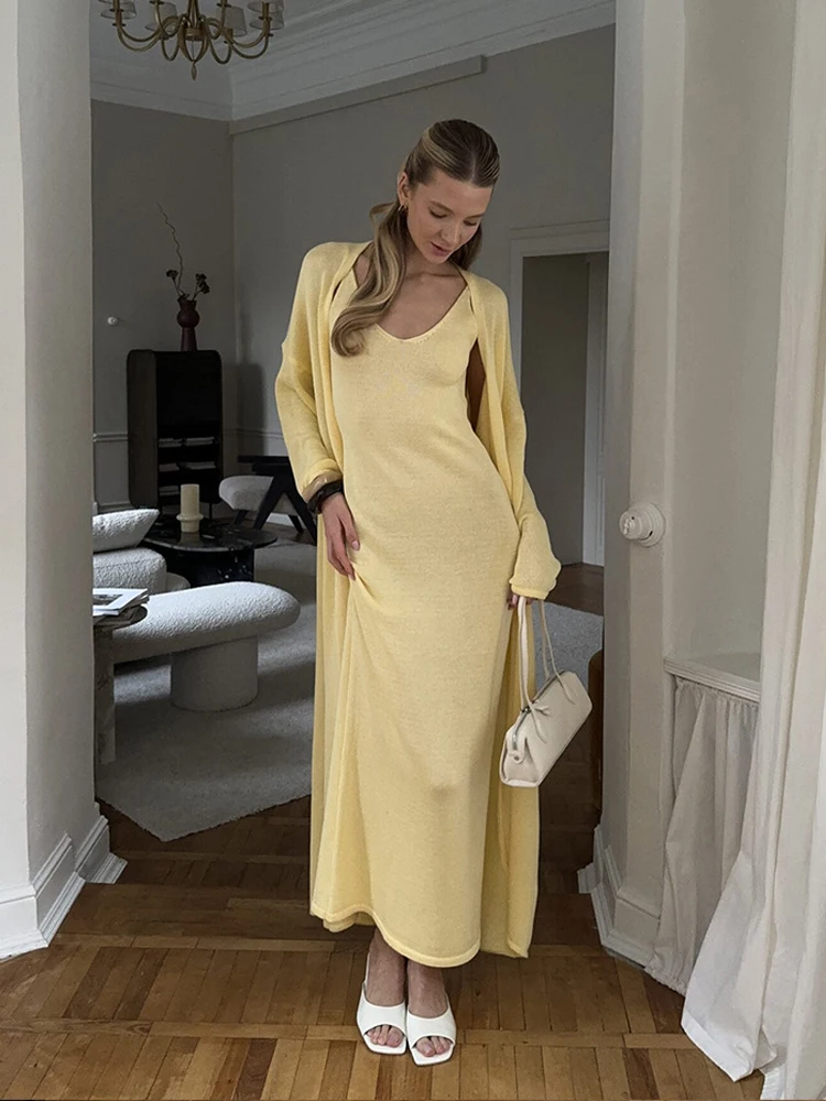 

100% Cotton Knitted Cardigan Set Women Slim Fit Backless Vest Dress Long and Soft Long Cardigan Top Elegant Home Outfits