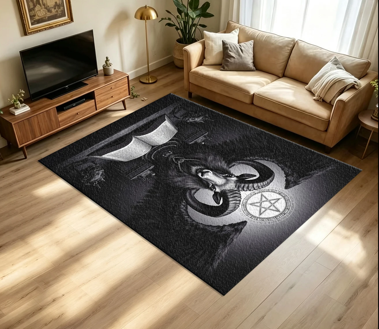 Dark Gothic Goat Occult Art Carpet Flooring Monochrome Mystic Pentagram Vintage Book Motif Printed Floor Rug for Household Indoor Home Unique Decor