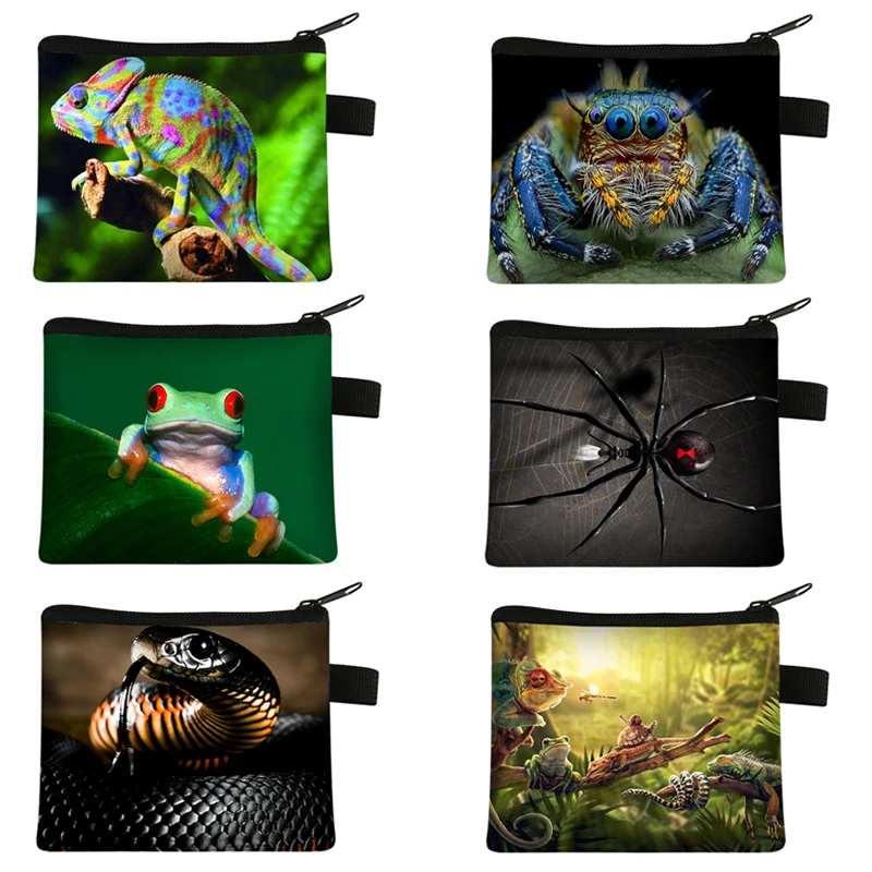 Reptiles Frog Chameleon Spider Snake Print Coin Purse Credit Card Holder Money Coin Bag Girl Wallet Small Handbag Cute Purses