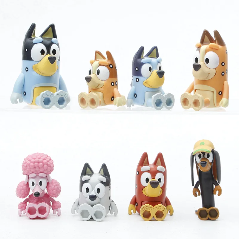 Bluey 피규어 귀여운 강아지 산적 칠리 빙고 인디 클로이 애니메이션 액션 피규어 움직일 수있는 관절 모델 인형 장식품 어린이 장난감 선물