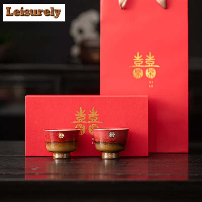 2pc/lot Happy Couple Wedding Festive Tea Cup Jubilant Red Galze Master Cup Offer Tea Kung Fu Teaset Large Toast Tea Cup Gift Box