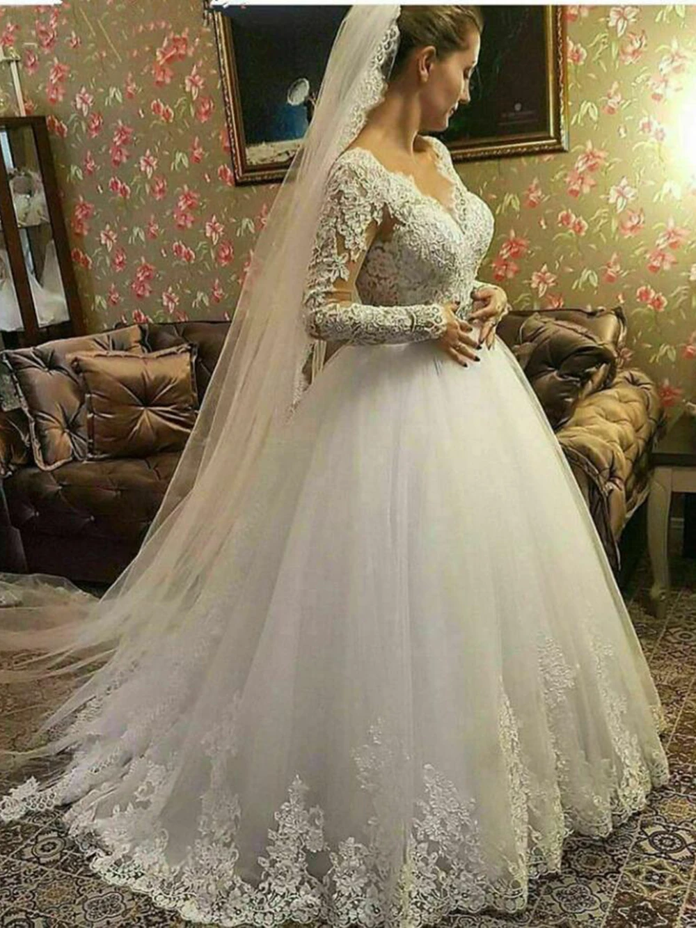 Robe de Mariée Trapèze à Col en V pour Femme, Magnifique Tenue de ixFormelle Personnalisée en Dentelle Citroperlée