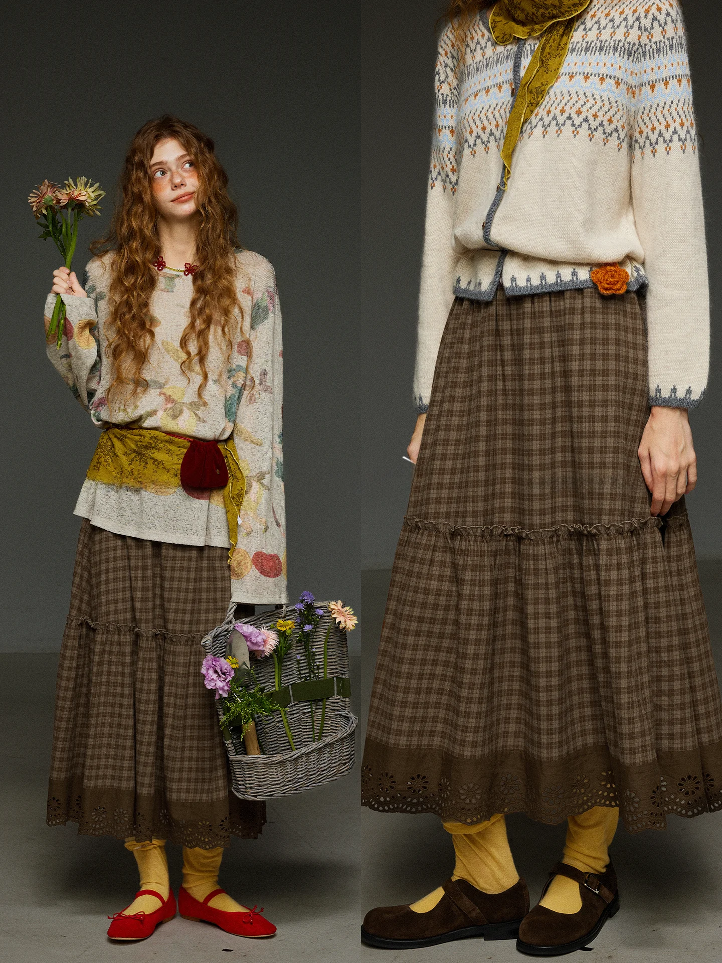 

Ретро-юбка миди в клетку с высокой талией и пэчворком, женская весенняя свободная юбка А-силуэта с кружевом, визуально стройнящая, винтажная, средней длины