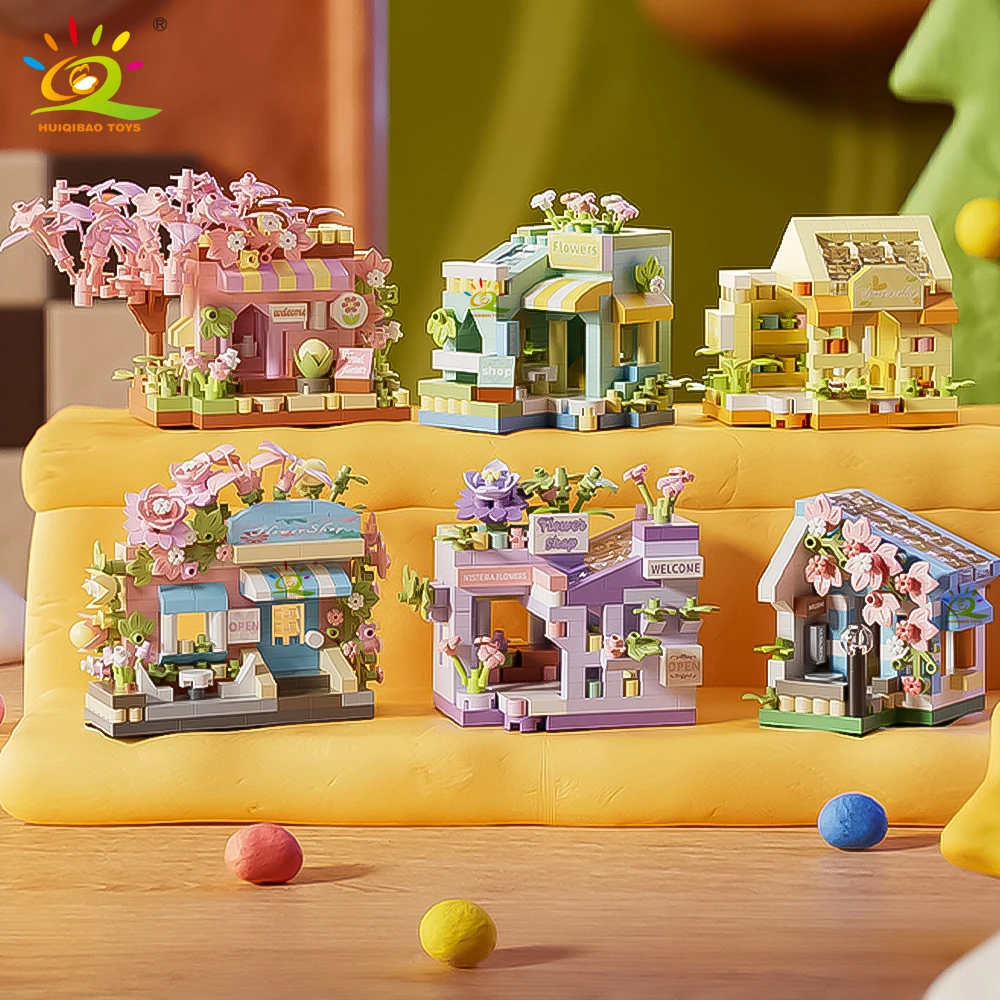 HUIQIBAO City Street View Florist Flower Shop Hotel Model Building Blocks DIY Architecture Bricks Toys for Adult Gift