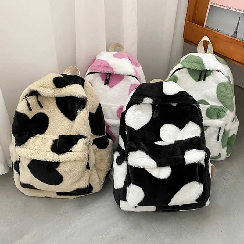 Women Girls Cute Fur Backpacks Children School Bags Kids Gift Book Bag Heart Plush Cartoon Backpack Plush Pink Black Backpacks