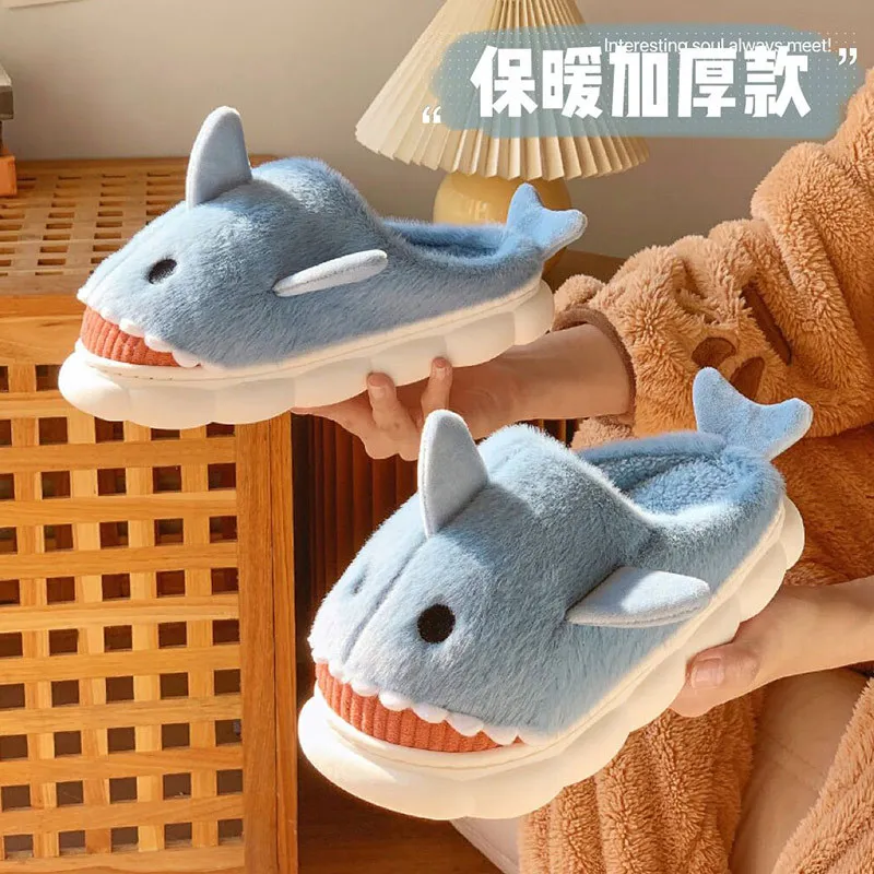 Flat bottomed home shark cotton slippers for indoor autumn and winter, new cartoon cute plush toe cap slippers for women