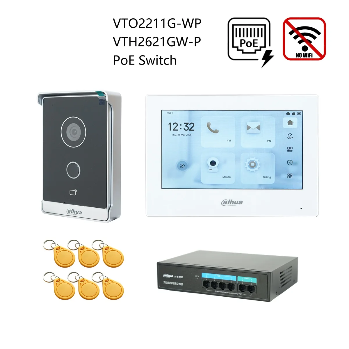 Dahua originele IP Video Intercom KIT, VTO2211G-WP & VTH2621G-P & PoE schakelaar, ondersteuning telefoon app, RFID Card Ontgrendelen