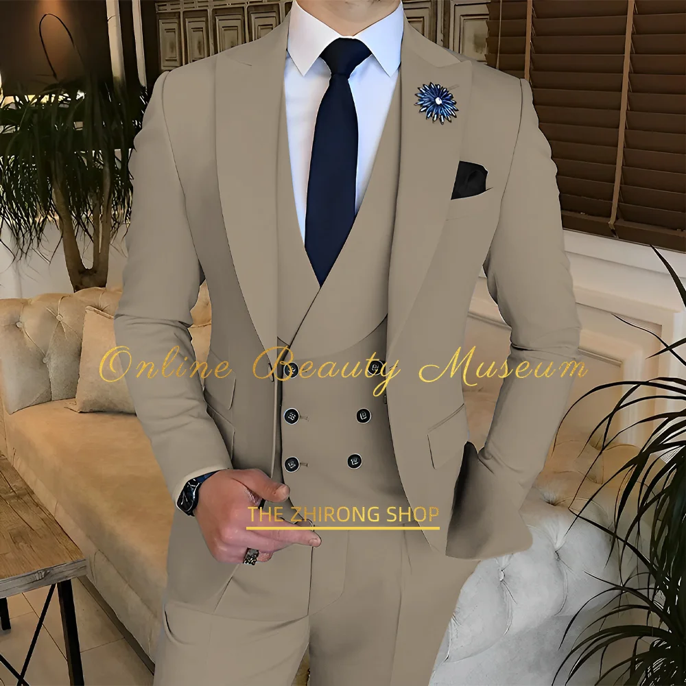 

Khaki men's suit 3-piece (jacket+vest+pants) premium slim fit custom tuxedo for wedding groom dating prom party formal events