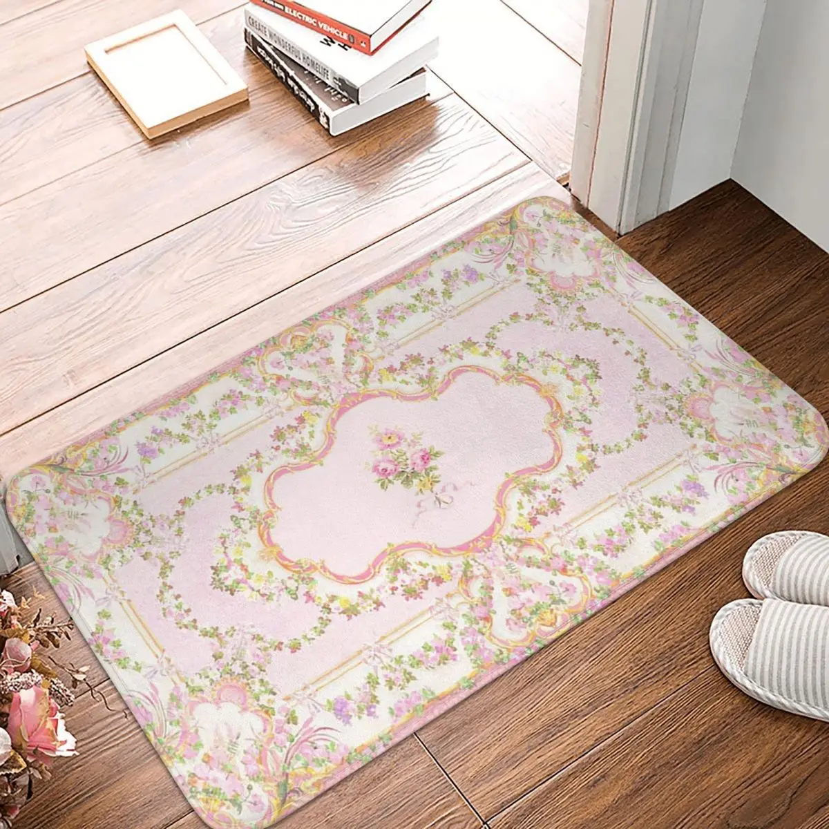 French Rococo Pink Floral Watercolor Panel Doormat Kitchen Entrance Home Floor Mat Anti-slip Carpet Rug for Living room Footpad