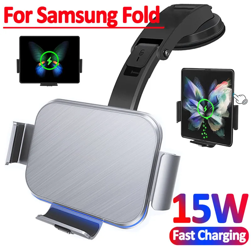 15W Car Wireless Charger Dual Coil Phone Holder For Samsung Galaxy Z Fold 4 3 2 iPhone 14 13 Pro Max W22 W21 Car Fast Charging