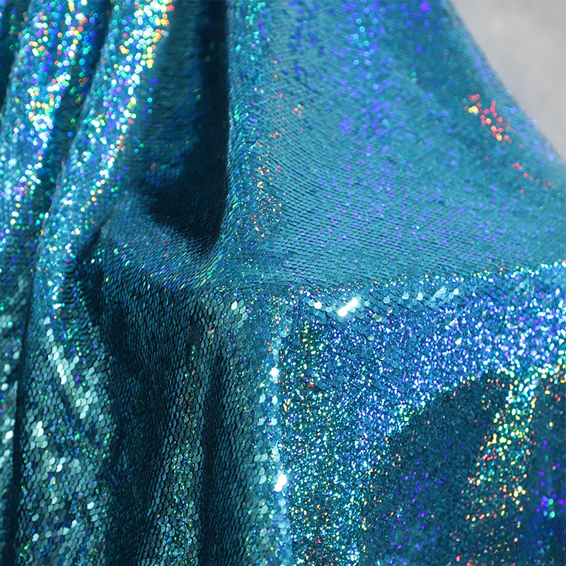 Crystal Blue Double-sided Dual Color Metallic Texture  Small Fish Scale Sequin Fabric  High-end Clothing Designer Fabric