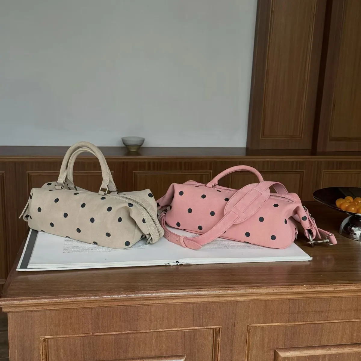 FIRMRANCH 2026 Spring New Lazy High-Quality Suede Cowhide Fashion Polka Dot Boston Handbag Women's Shoulder Crossbody Purse
