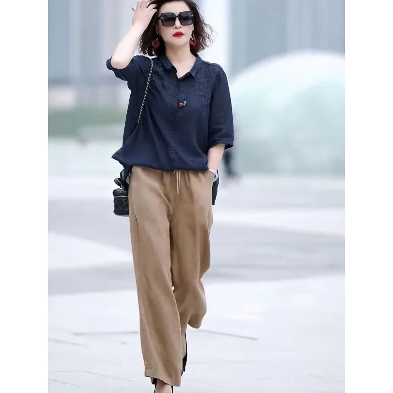 Immagine 5: Camicie floreali ricamate retrò da donna estive Pantaloni a gamba larga solidi Set da due pezzi 2025 Camicetta polo in cotone da donna Pantaloni Abiti