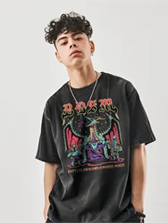 Camiseta estampada de manga corta de algodón lavada de tela vaquera antigua de manga corta para hombre, camiseta de cuello redondo americano de verano, estilo Hip Hop pesado Hal