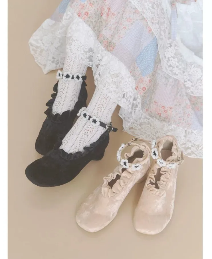 Ladies' Retro Sunflower Ankle Strap High Heels Japanese Style Mary Jane Shoes Women's Ankle Strap Suede Pump Single Shoes