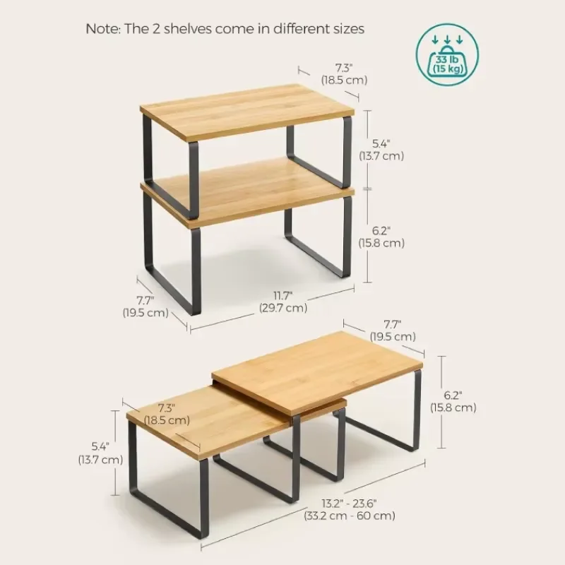 4 Piece Stackable Extensible Storage Rack Metal and Engineered Wood Cabinet Organizer for Kitchen Counters Spice Cabinets