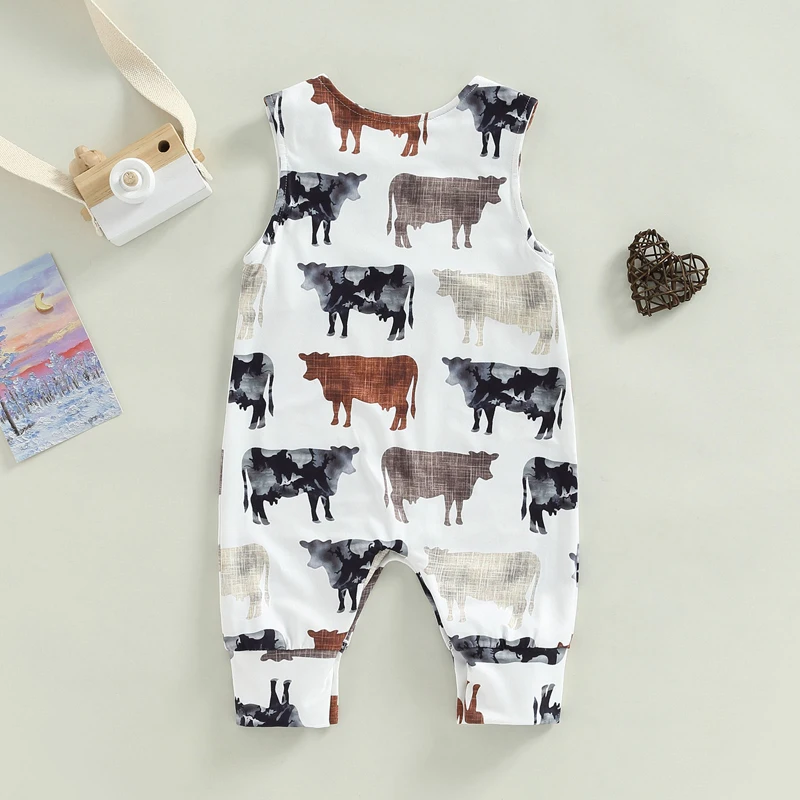 Western Baby Boy Girl Clothes Cow Print Jumpsuit Sleeveless Boots Pattern Button Romper Summer Kids Boys Clothes