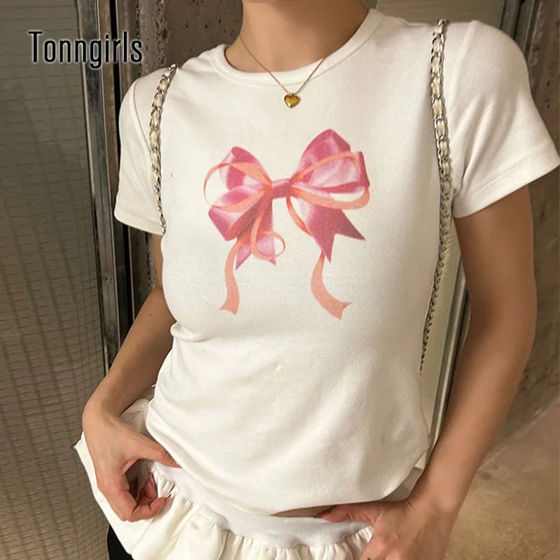 Tonngirs harajuku süßer Druck T-Shirt Frauen Baumwolle y2k Vintage Grafik Tops Streetwear Bogen koreanischen Stil 2000s Fairycore T-Shirts