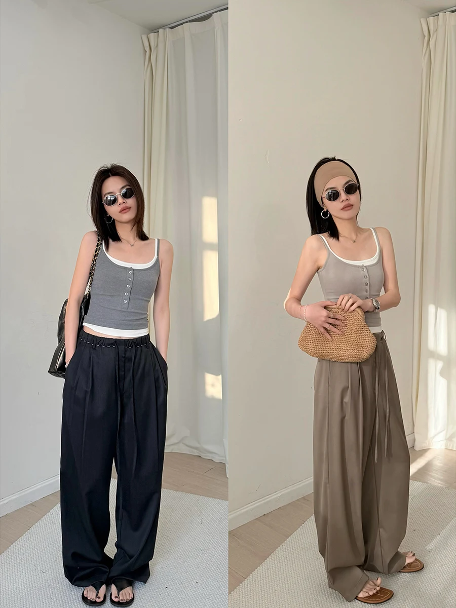

Handmade Casual Long Pants with Belted Kneepads Polyester Wool Spandex Blend Straight Leg Pants for Women All-Match Summer