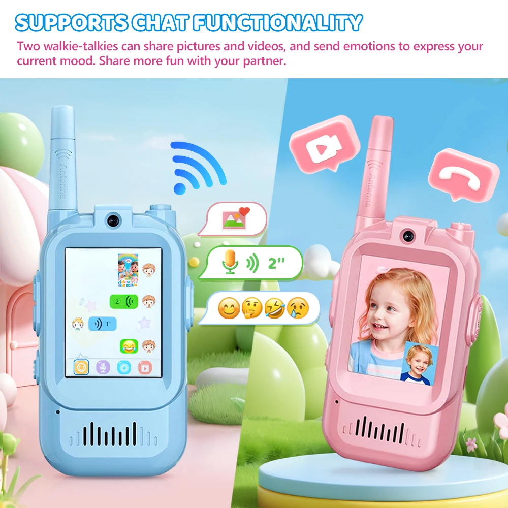 JCMO 2 قطعة أجهزة اتصال لاسلكية فيديو للأطفال ألعاب أطفال قابلة للشحن للتخييم الداخلي والسفر هدايا عيد الميلاد للأطفال من سن 3 إلى 12 عامًا