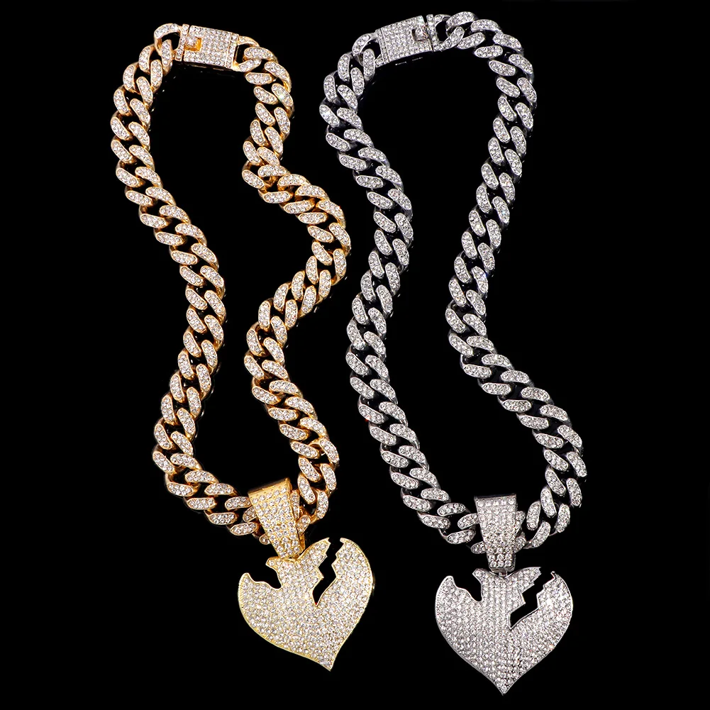 Iced Out Punk Miami Cuban Link Chain For Men Rhinestone Paved Broke Heart Pendant Necklaces Cuban Link Hiphop Rapper Jewelry New