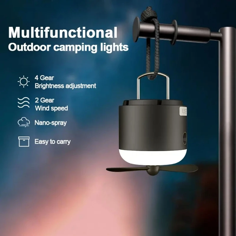 Multi-Function Camping Night Light 1200Mah Rechargeable 3 Level Dimmable Camping Portable Tent Light With Fan Outdoor