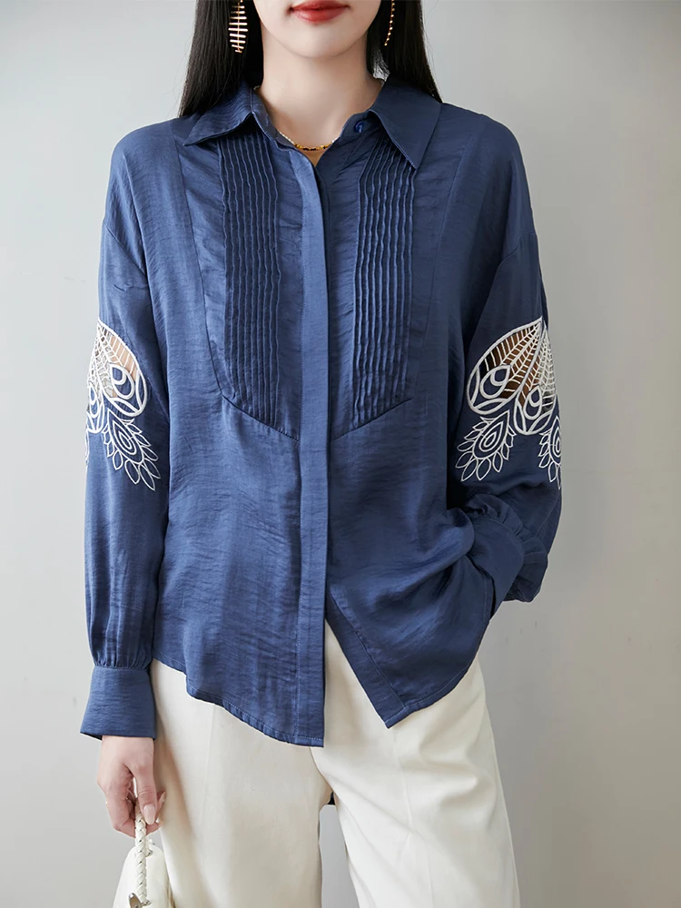 Long-sleeved Shirt for Women Blouse 2025 Spring New Versatile Loose Top Milk Silk Embroidered Temperament Polo Collar Cardigan