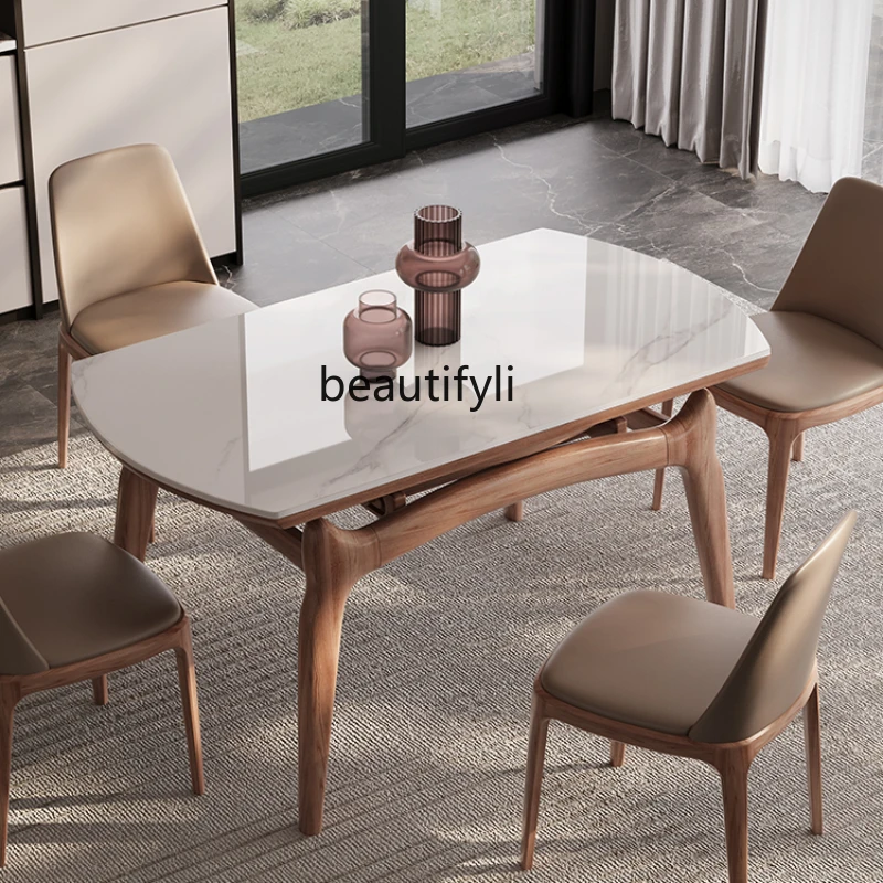 

Stone Plate Retractable Dining Tables and Chairs Set Household Small Apartment Solid Wood Folding Square Change round Table