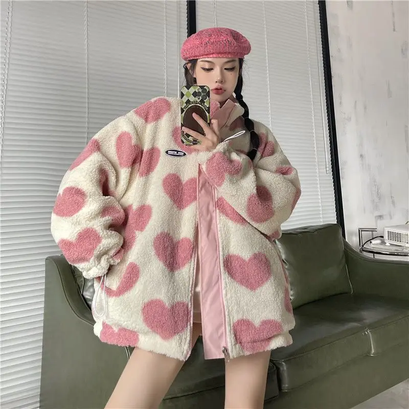 Autumn/winter Y2K Girls Stand Collar Cotton Coat Two-Sided Wear Lamb Wool Fleece Jacket Men and Women Loose Couple Plush Coat