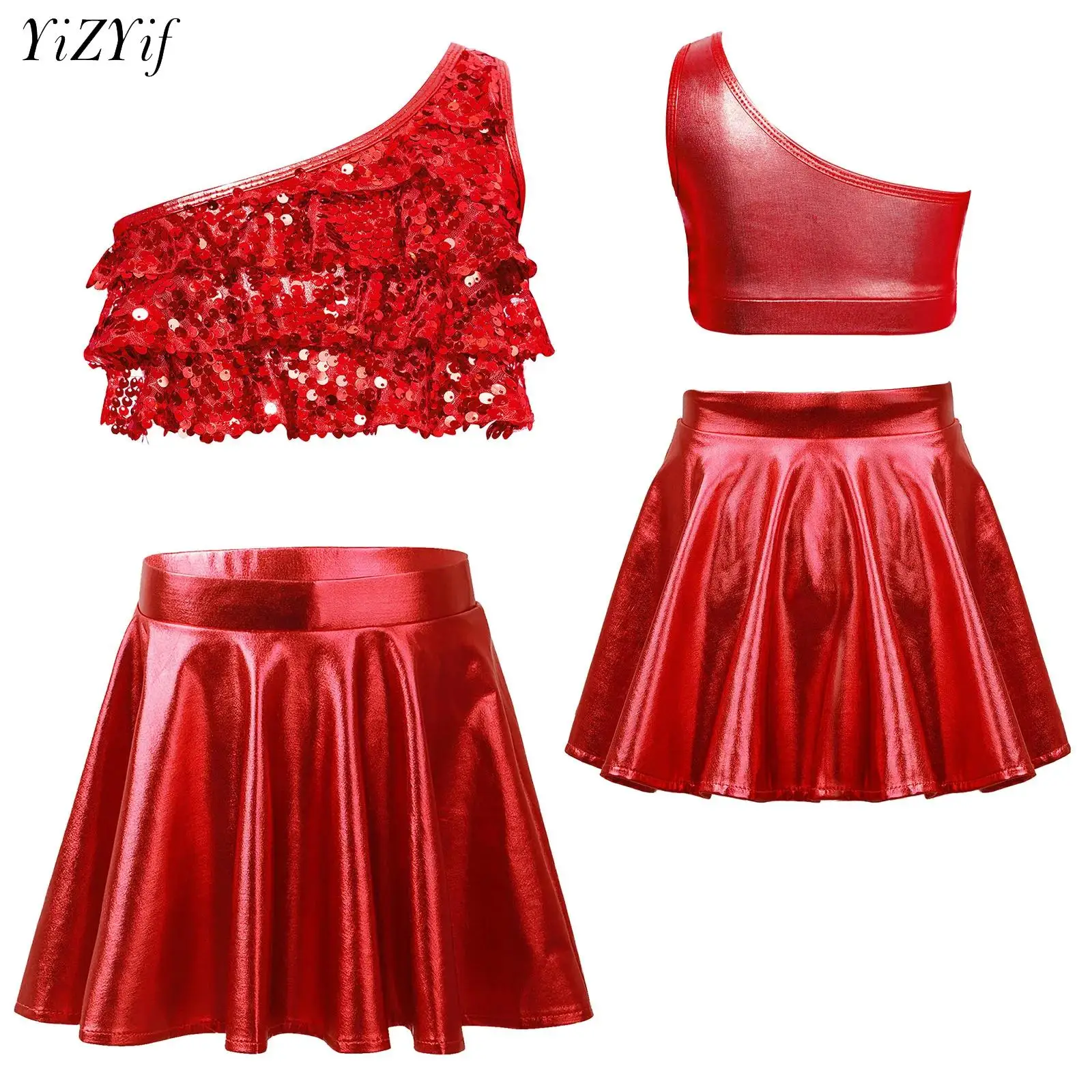 

Kids Girls Metallic Sequins Dance Sets Hip Hop Jazz Dance Competition Costume Ruffles Crop Top+Skirt Stage Performance Dancewear