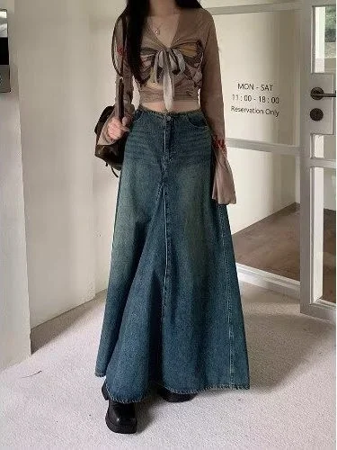 High Waist A-Line Midi Skirt Retro American Style Denim Women's Spring Summer Slimming Half-length Skirts Casual Cotton Skirts