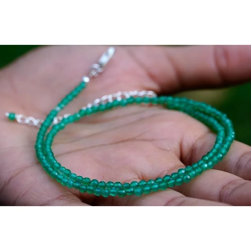 A++ Dainty Green Onyx Faceted Round Gemstone Beads Attracts Luck Necklaces 24''