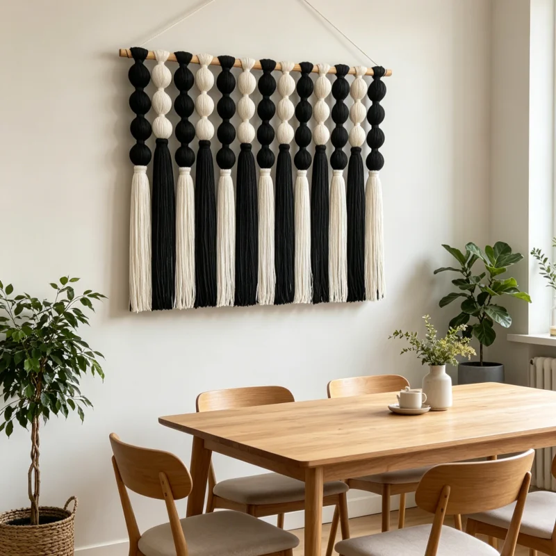 Handmade Black White Cotton Tassel Wall Hanging Large Macrame Tapestry with Wooden Dowel for Home Decoration