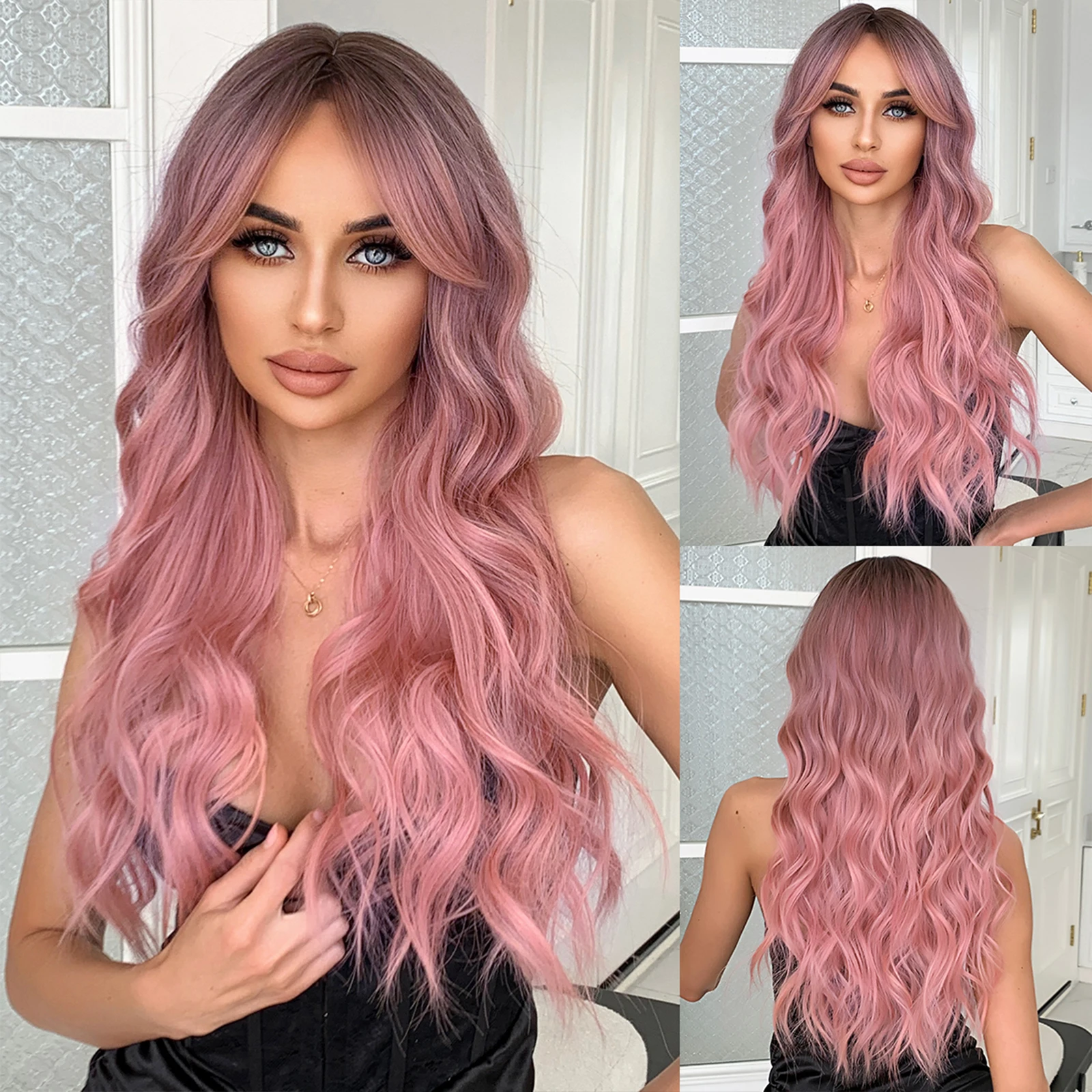 Pink Long Wavy Wigs with Bangs Synthetic Dark Roots Wigs for Women Natural Wave Fake Hair Heat Resistant Cosplay Party Use Wig