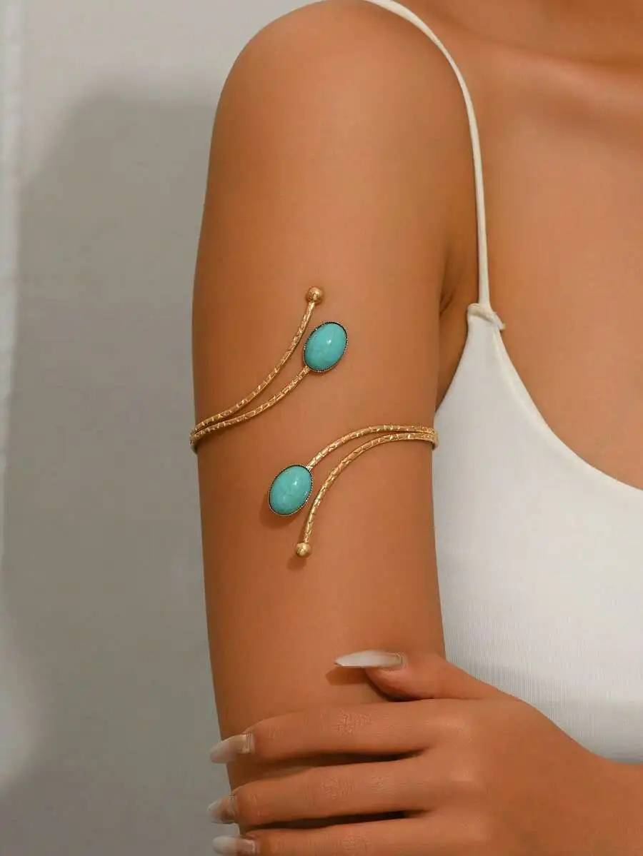 

Gold-Tone Asymmetrical Turquoise Stone Arm Cuff, Adjustable Minimalist Geometric Jewelry For Festivals And Parties