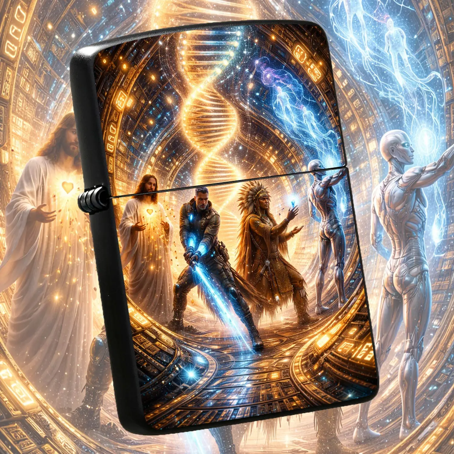 Sci-Fi Fantasy 4 Character Themed Lightweight Lighter, Featuring Glowing Dna Aesthetic, Spiritual Figure, Space Warrior, Native Chief And Advanced Robot, Ideal For Daily Use, Outdoor Adventures, Creative Collection, Uni A Humorous And Inter