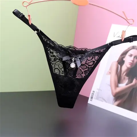 Rhinestone Pendant Sexy Transparent Lace Thong Adjustable Underwear for Women Hot Perspective Lingerie Ladies G-string Panties