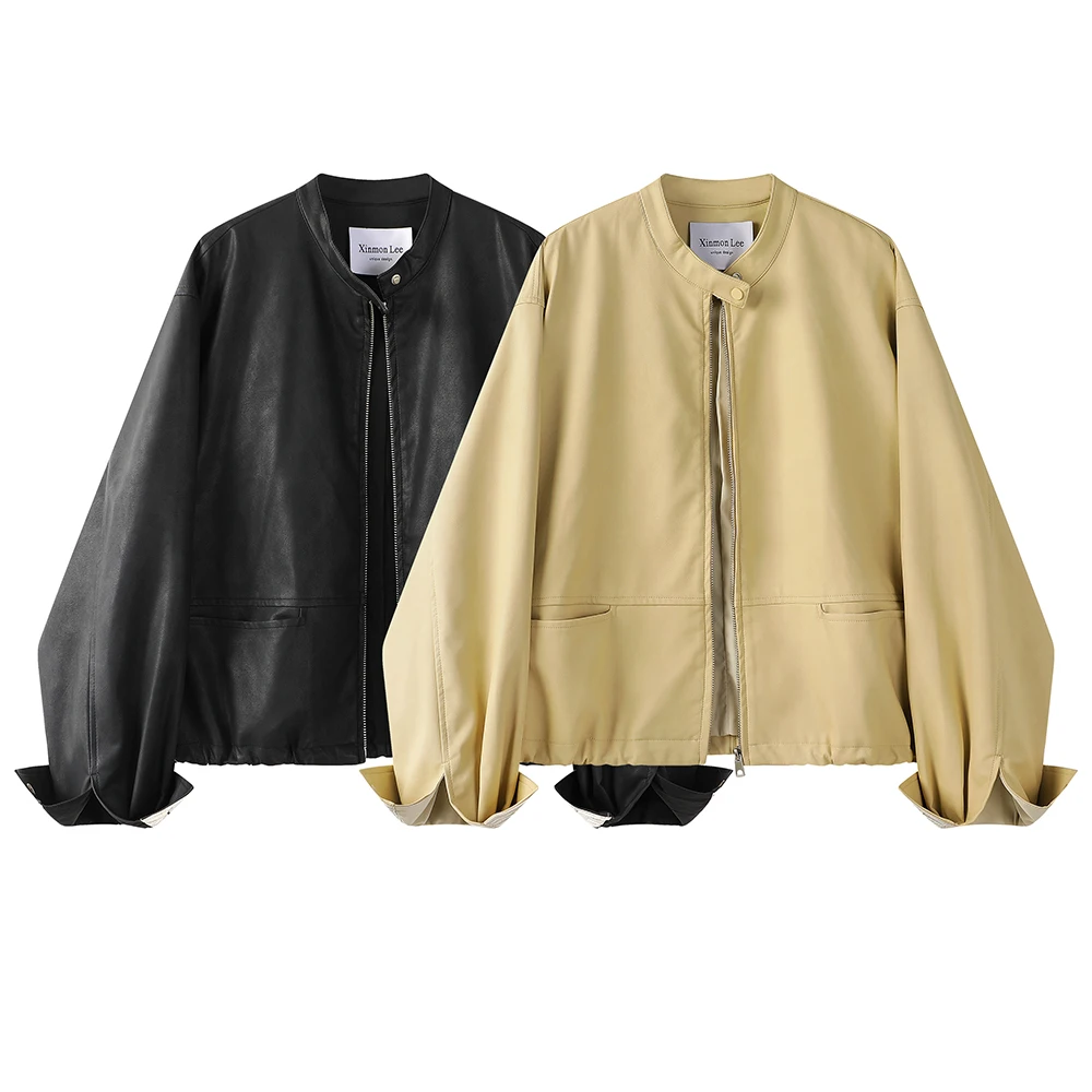 春の新作 ラウンドネックジッパー レザー ジャケット バイクウェア アウター エレガント アンチエイジング ヴィンテージコート レディース