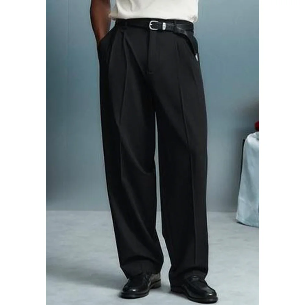 

Mens Blended Mid Rise Pleated Dress Pants Wide Leg Casual Trousers Solid Color Comfortable Breathable Business Casual Office Pan