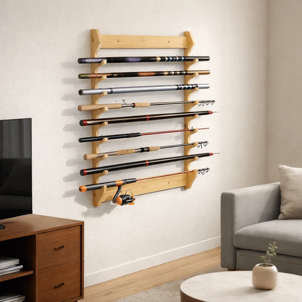 Bamboo Fishing Rod Storage Rack Wall Mounted Large Capacity Fishing Rod Display Rack Space Saving Fishing Rod Holder