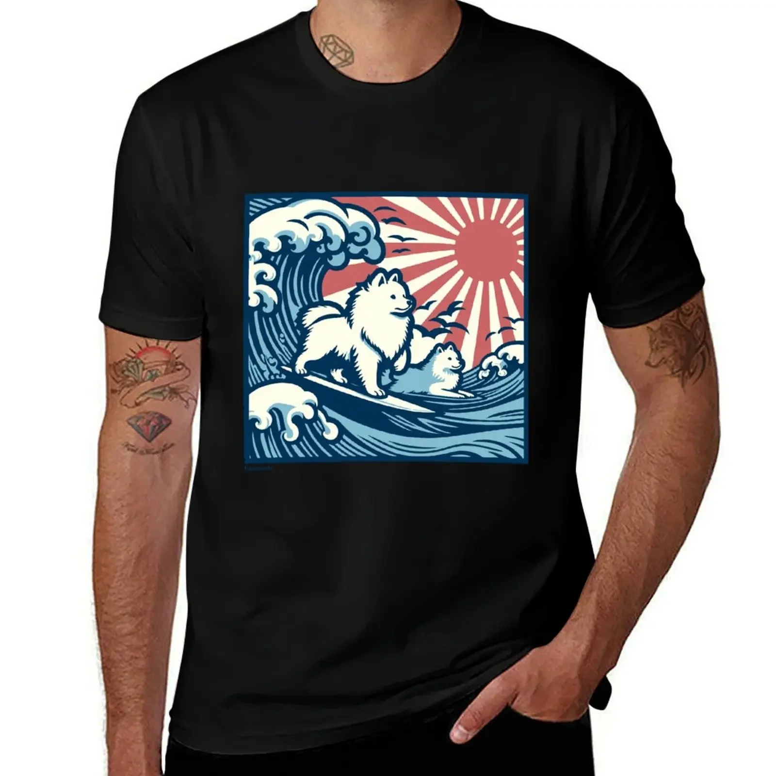 Japanese Spitz Dogs surfing the Great Wave - JDM T-Shirt Man t-shirt Aesthetic clothing mens white t shirts