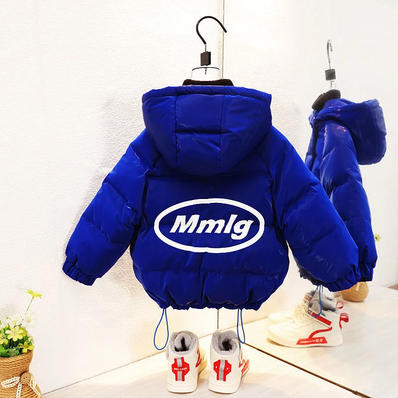 Fashion New Girl Boy Outerwear Winter Warm Thicken Down Jackets Baby Shiny Letter Print Coats Kids Clothing Hooded Padded Jacket