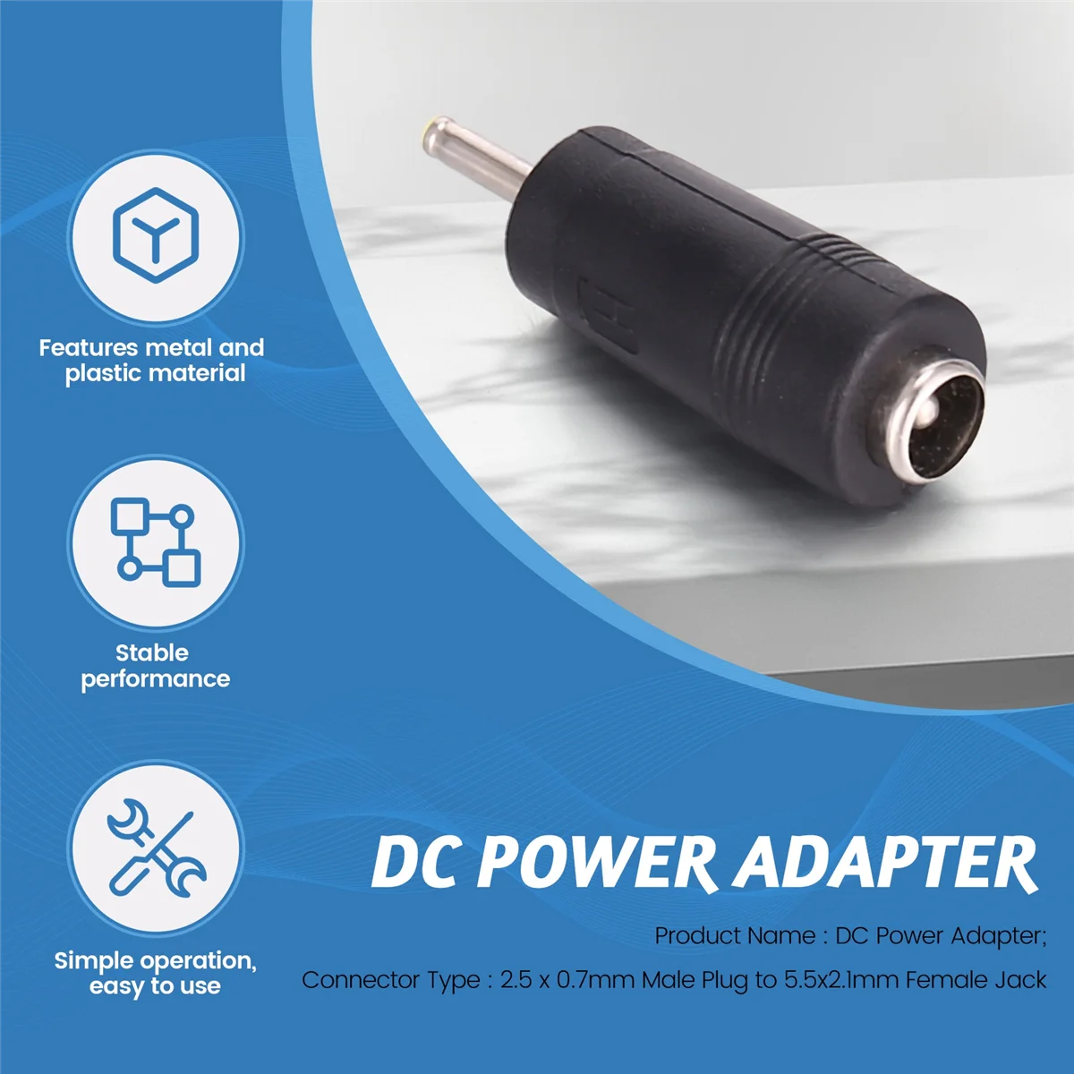 2.5mm x 0.7mm Male Plug to 5.5mm x 2.1mm Female Jack DC Power Adapter