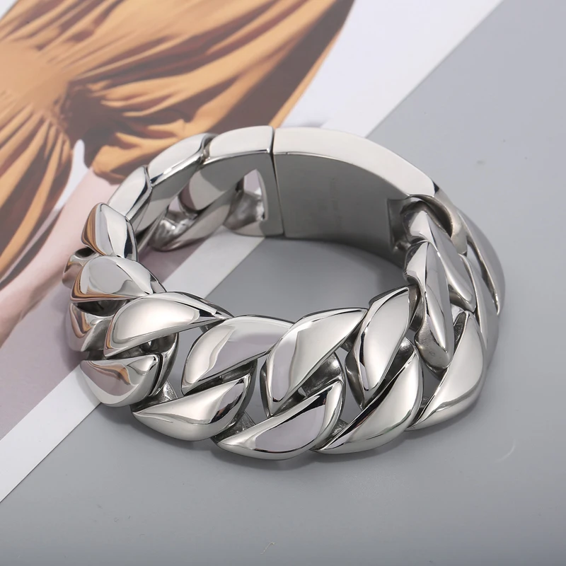 Fongten 31mm Breite Große Schwere Kühlen männer Armbänder Gebürstet Polnischen Edelstahl Chunky Kubanischen Kette Armband Für Männer schmuck – Detail 2