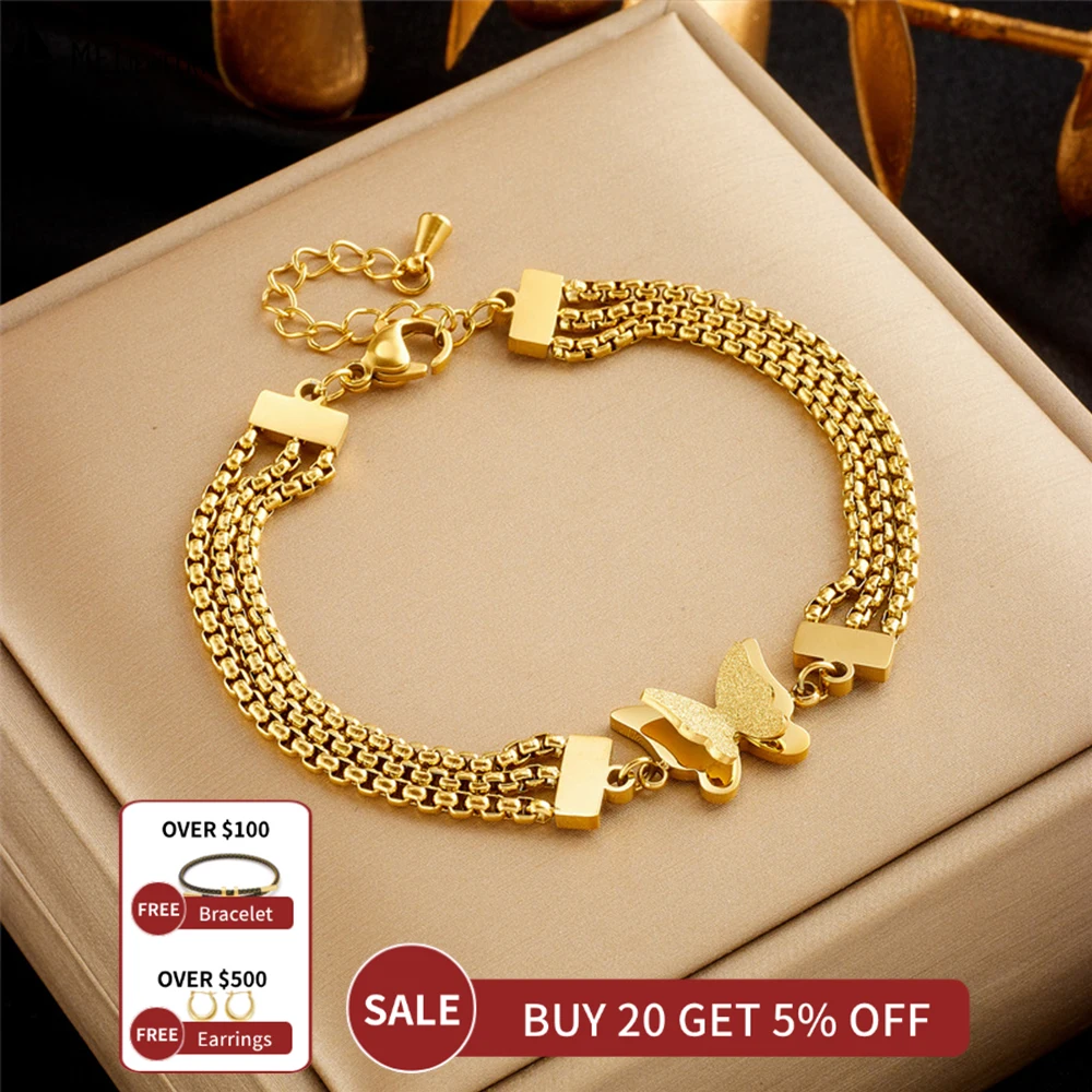 Creative Personality Niche Fashion Design 3D Frosted Butterfly Connection Multi-Layer Chain Stainless Steel Layered Bracelet