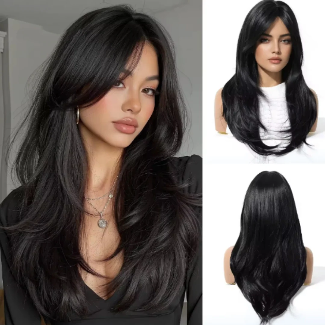 باروكات صناعية ذات طبقات سوداء مع غرة، شعر مستعار طويل طبيعي مفرود للنساء يستخدم الحفلات اليومية، ألياف مقاومة للحرارة
